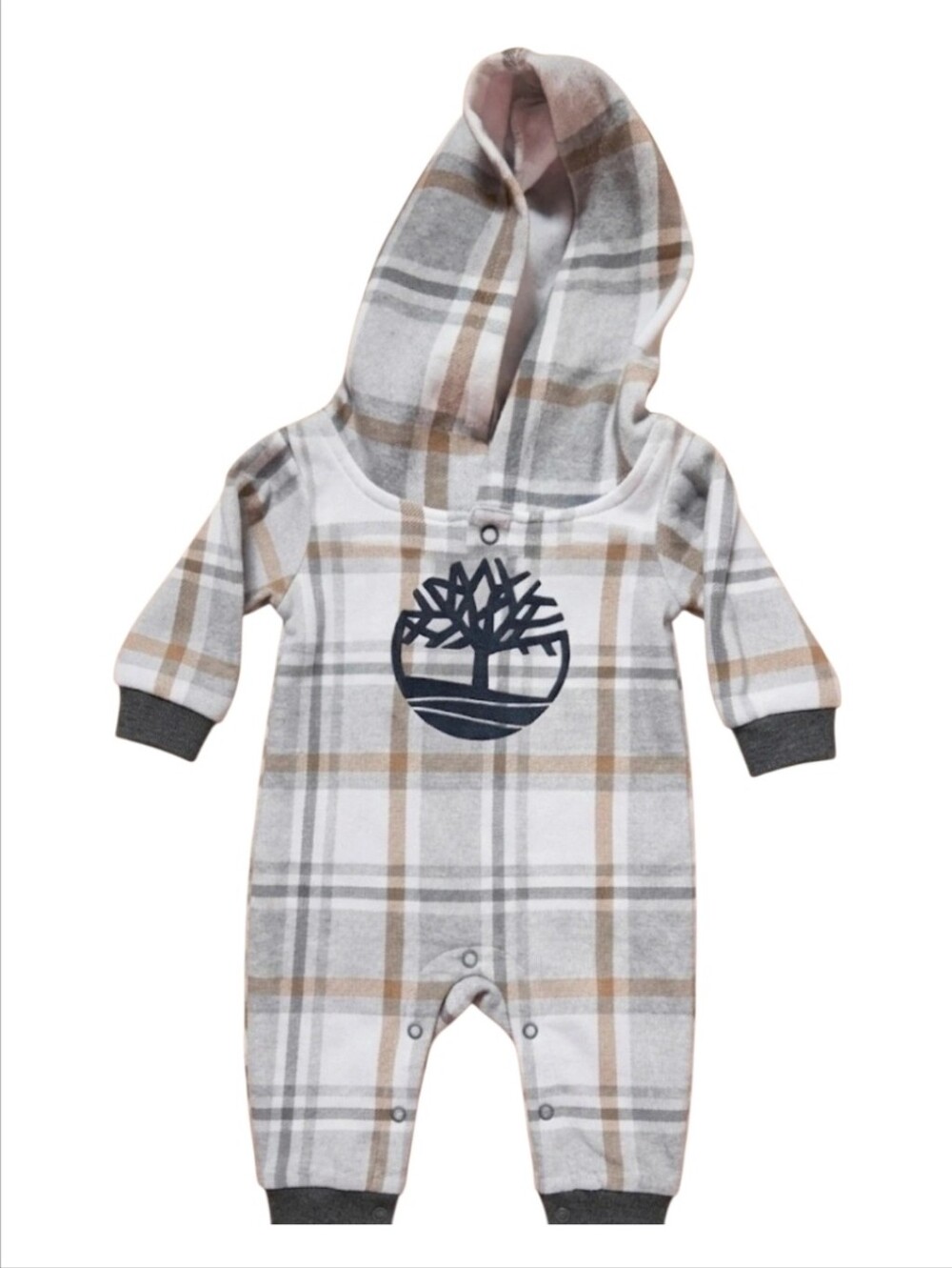 Timberland Plaid Baby Fleece Hooded Romper 6-9mos EUC